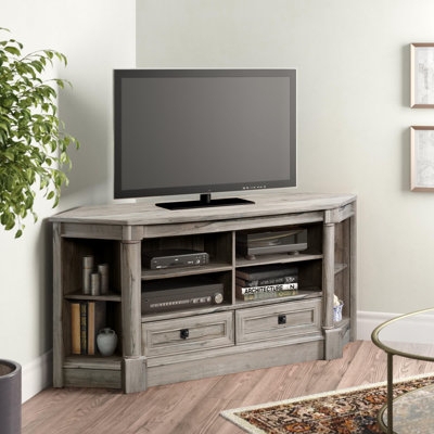 Weathered Grey Corner Tv Stand with Turned Pilasters and Open Shelving.