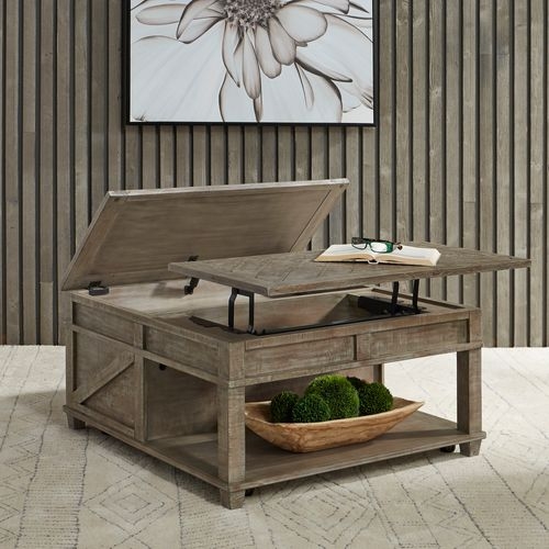 Weathered Grey Lift Top Coffee Table with Chevron Pattern Split Top