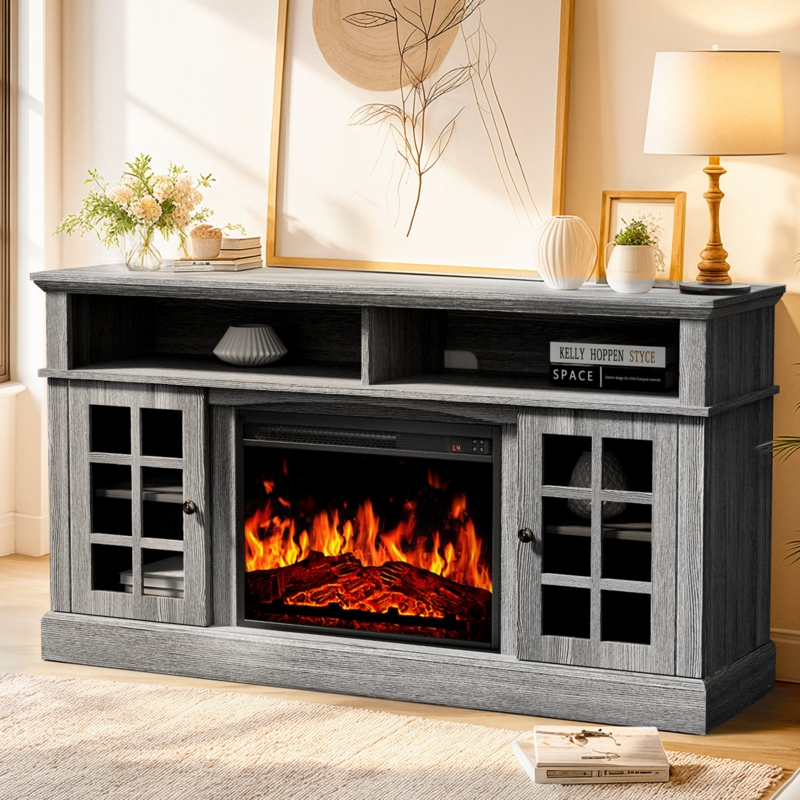 Weathered Grey TV Stand with Window-Pane Glass Doors