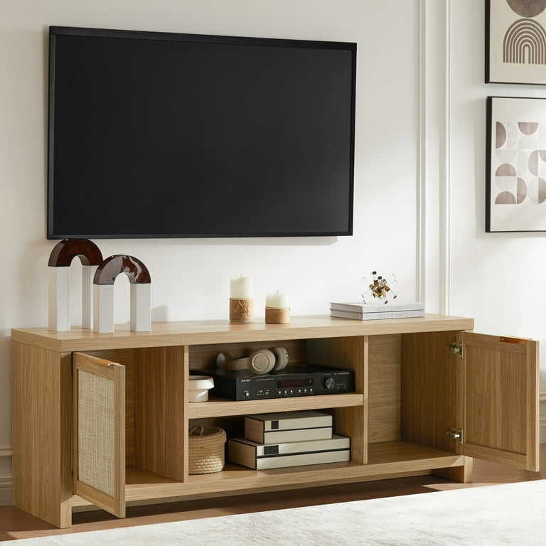 Weathered Oak Media Console with Rattan Door Panel and Mixed Storage