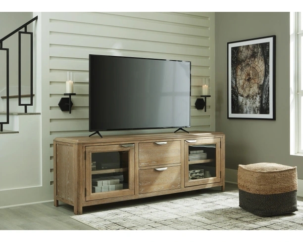 Weathered Oak TV Stand 80 Inch Glass Doors Media Drawers