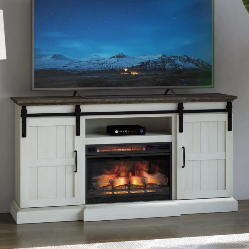 Weathered White Fireplace TV Stand Sliding Barn Doors Dark Top