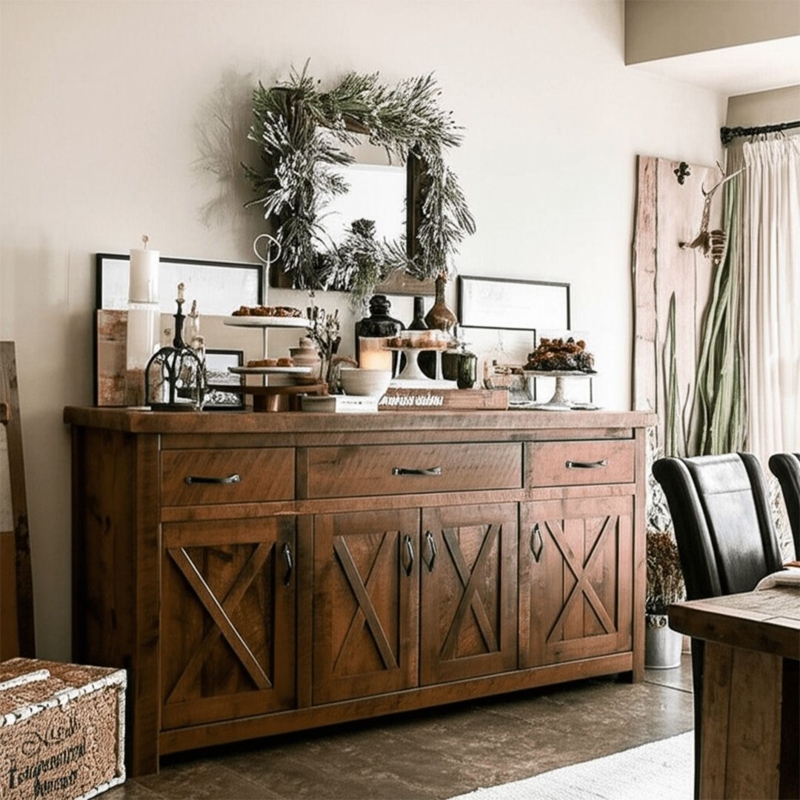 Weathered Wood Buffet Sideboard with Rustic X-Bracing Barn Doors