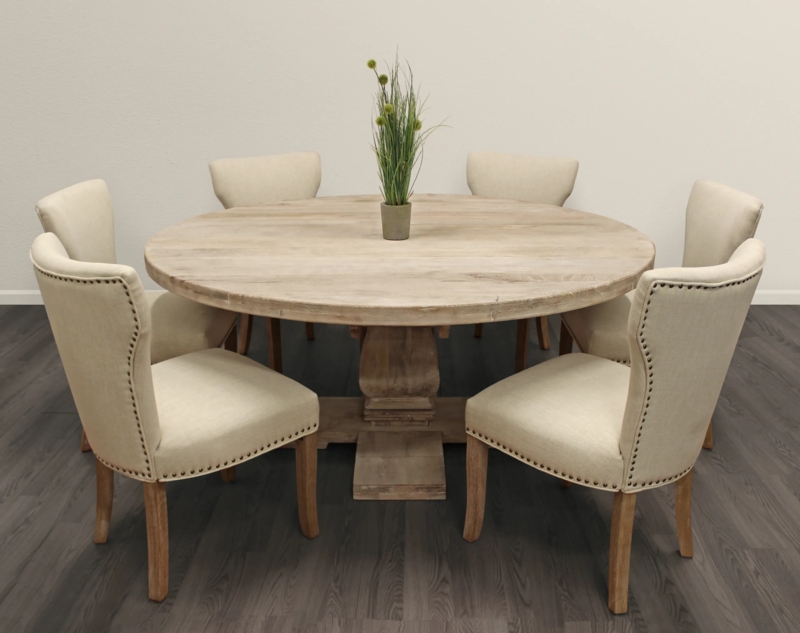 Weathered Wood Dining Set with Ivory Nailhead Wingback Chairs