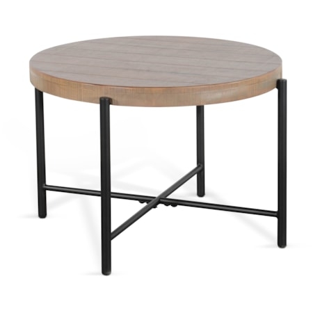 Weathered Wood End Table, Round Top with Black Metal X-Base