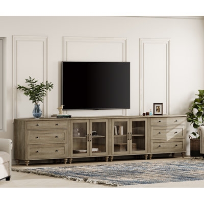 Weathered Wood Media Console with Glass-Front Cabinets and Bun Feet