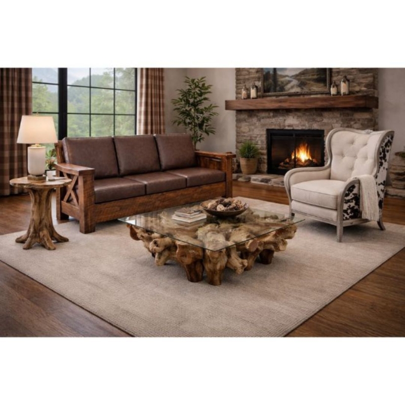 Weathered Wood Sofa with Cross-Brace Arms in Western Style