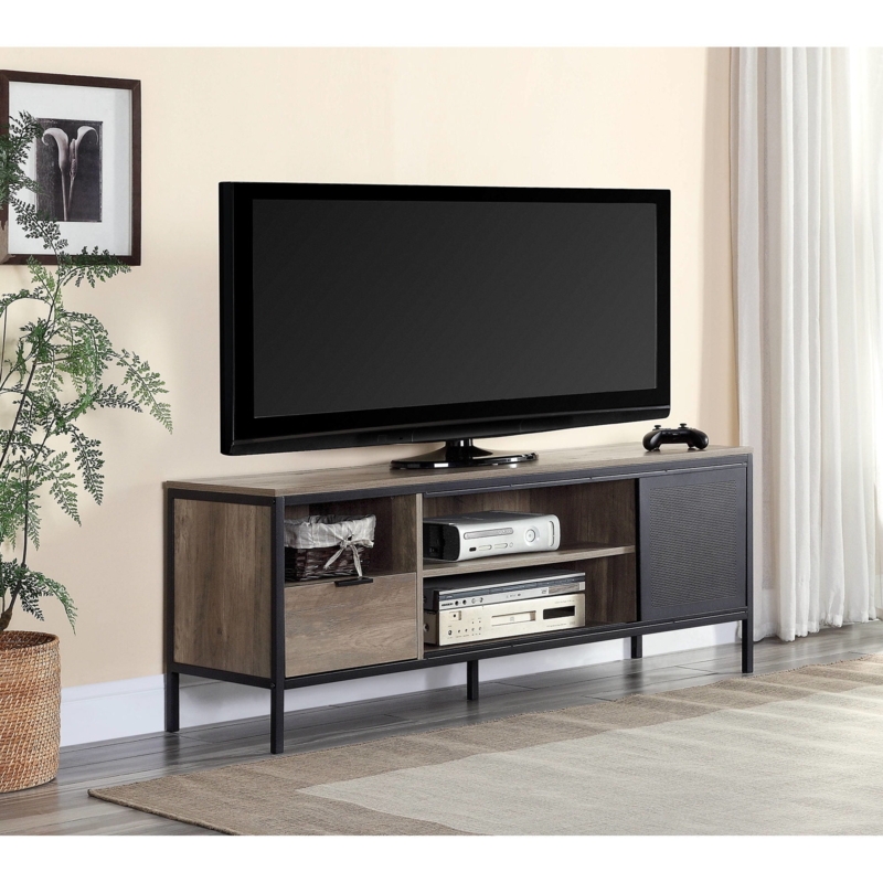 Weathered Wood TV Stand Mesh Sliding Door Industrial