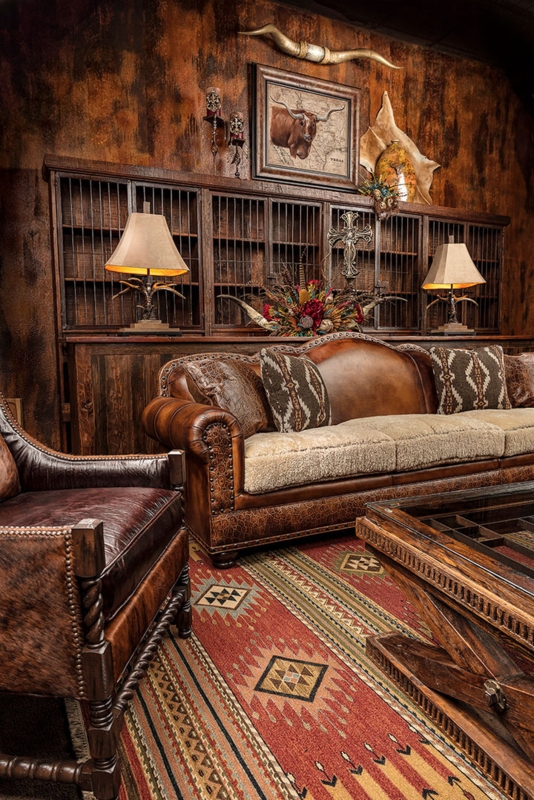 Western Leather Sofa with Cowhide Accents and Nailhead Trim