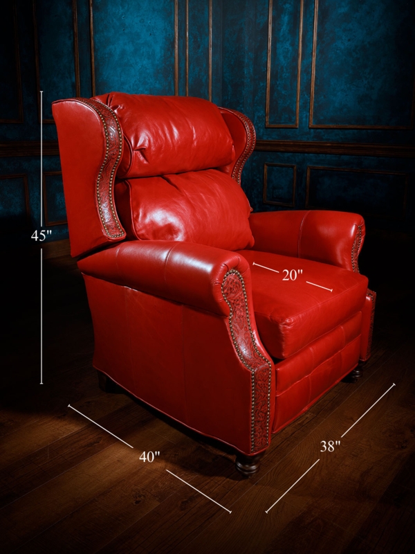 Western Recliner Chair, Scarlet Red Embossed Leather Wingback