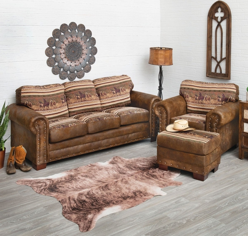 Western Sofa Set with Horse Print Tapestry and Nailhead Trim