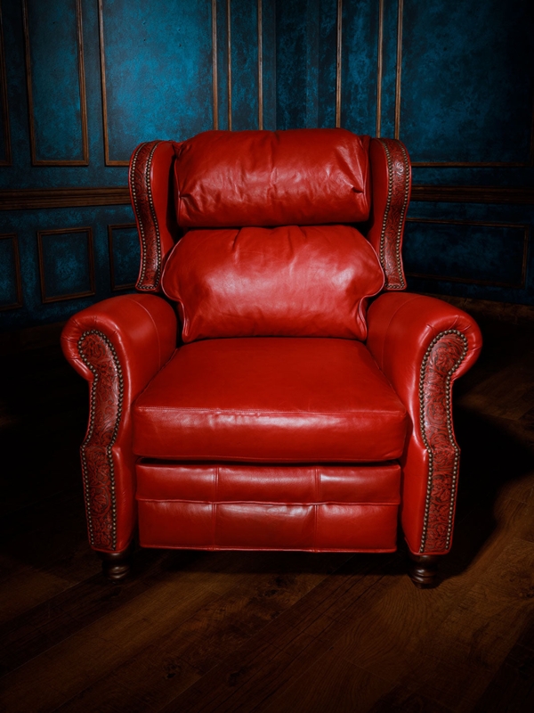 Western Wingback Recliner, Vibrant Red Tooled Leather Accents