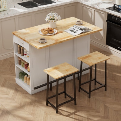White 3 Piece Kitchen Island Set with Open Side Shelves