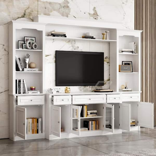 White 4-Piece Entertainment Center with Crown Molding and Glass Doors
