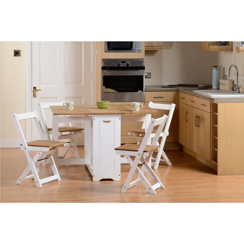 White and Brown Drop Leaf Set with Self-Storing Folding Chairs