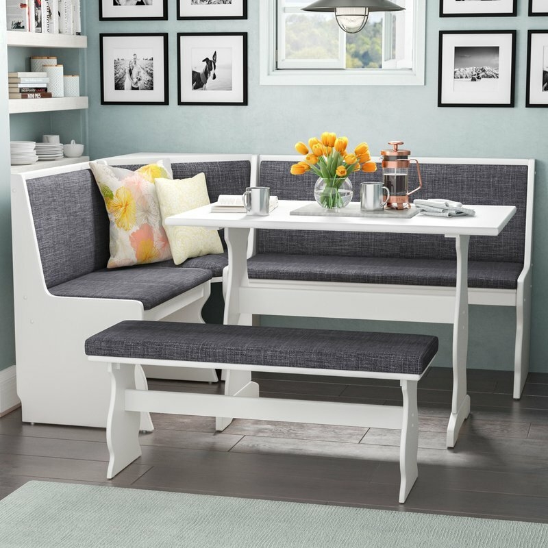 White and Charcoal Dining Set with Padded Corner Bench