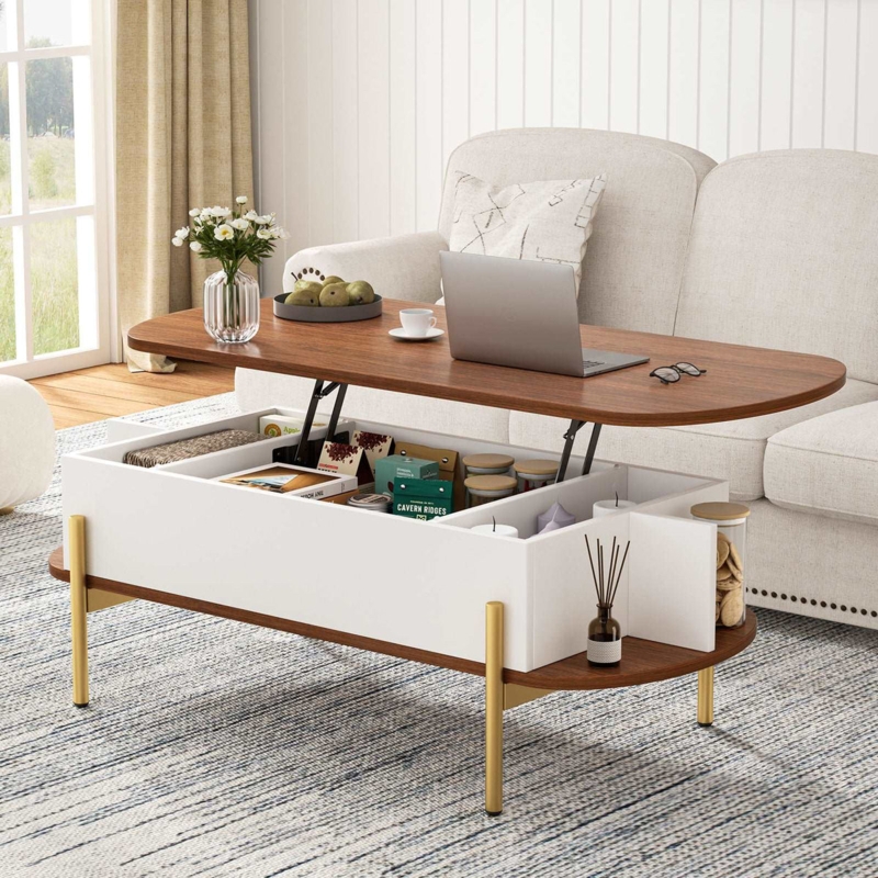 White and Gold Lift Top Coffee Table Oval Storage