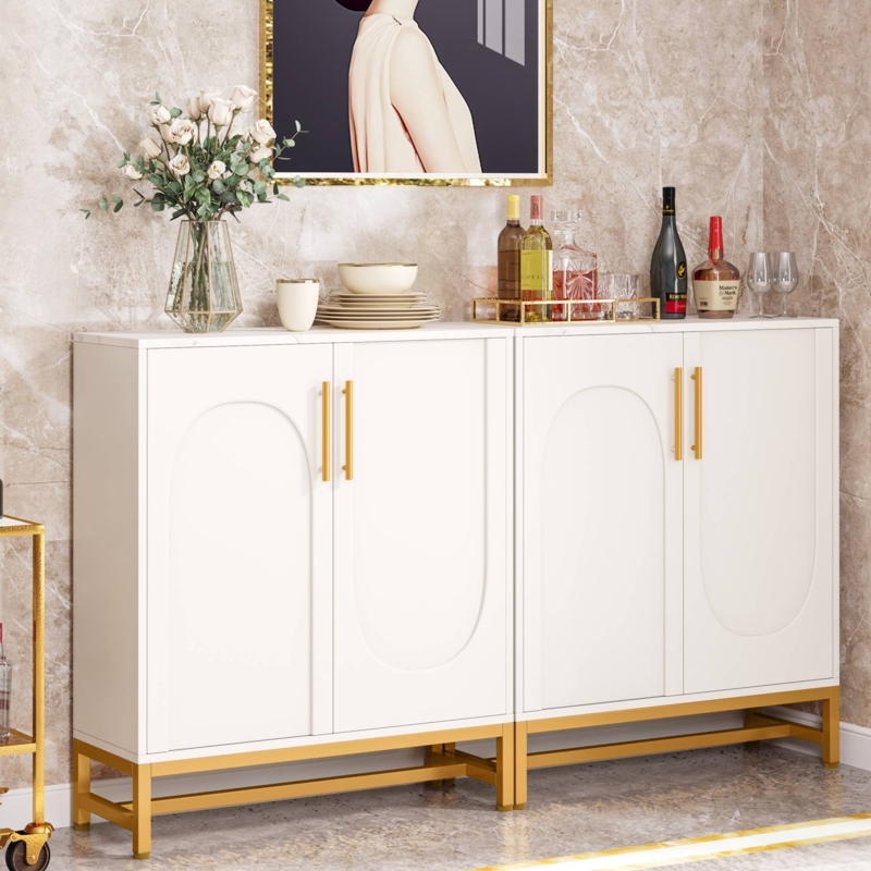 White and Gold Sideboard Cabinet with Arched Door Details