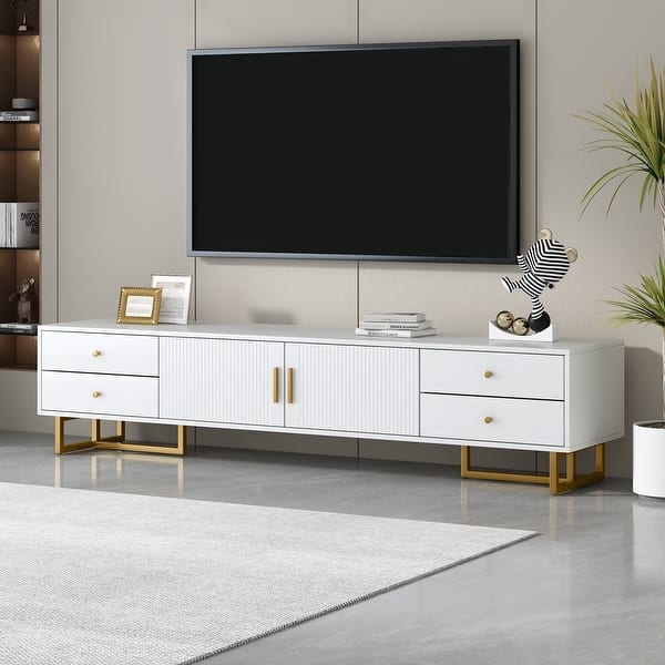 White and Gold TV Stand with Fluted Doors and Sled Legs