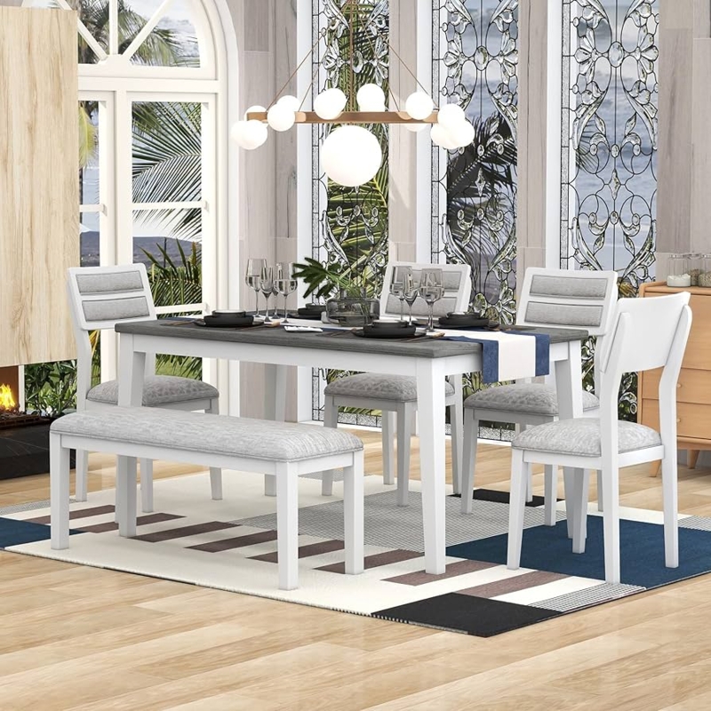 White and Gray Dining Set 6-Piece with Bench Coastal Style