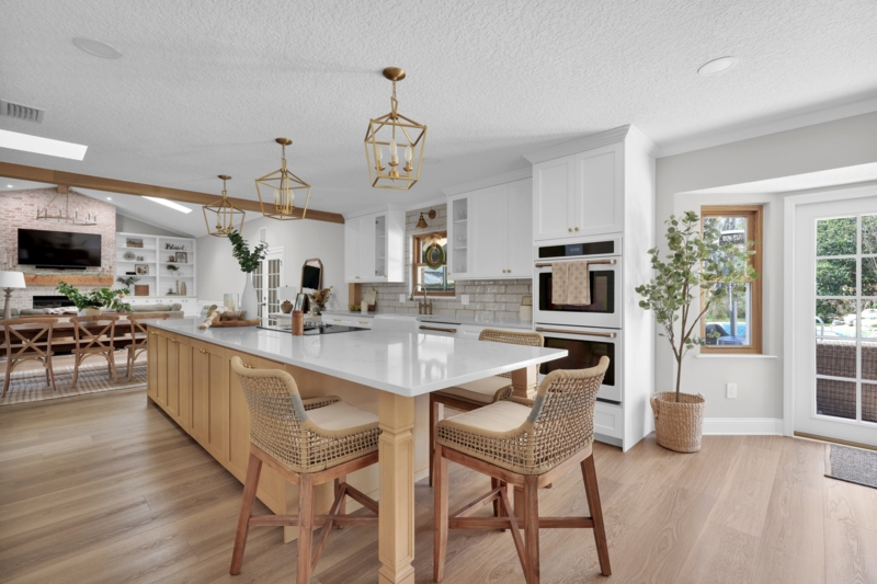 White and Wood Kitchen Woven Counter Stools Brass Lantern Pendants