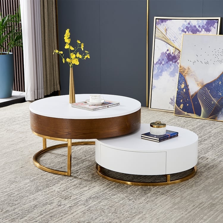 White and Wood Round Nesting Coffee Table Set Gold Base