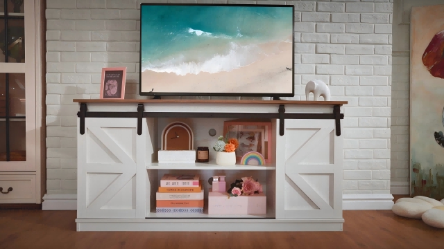 White and Wood TV Stand Sliding Barn Doors Rustic Farmhouse Media Center