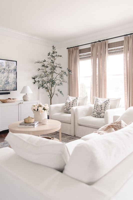 White Armchairs Linen-Like Fabric Blonde Wood Accents Organic Modern