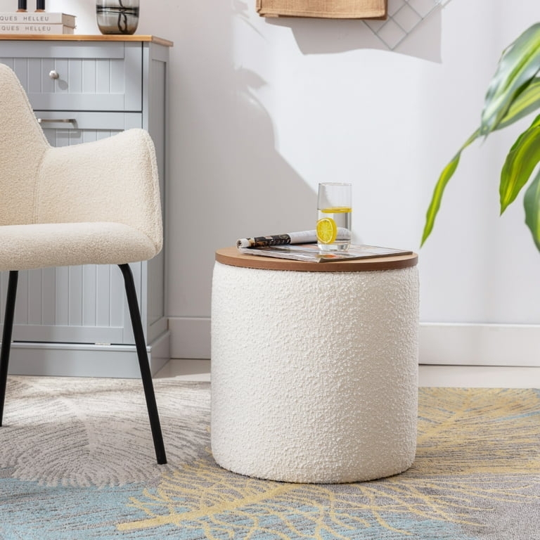 White Boucle Cylindrical Storage Ottoman Removable Wooden Lid