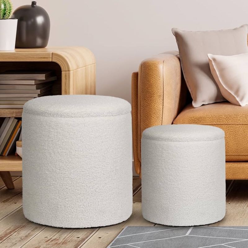 White Boucle Nesting Storage Ottoman Set Cylindrical Silhouette