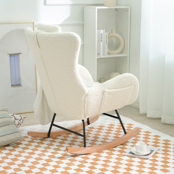 White Boucle Rocking Chair with High Backrest and Mixed Material Base
