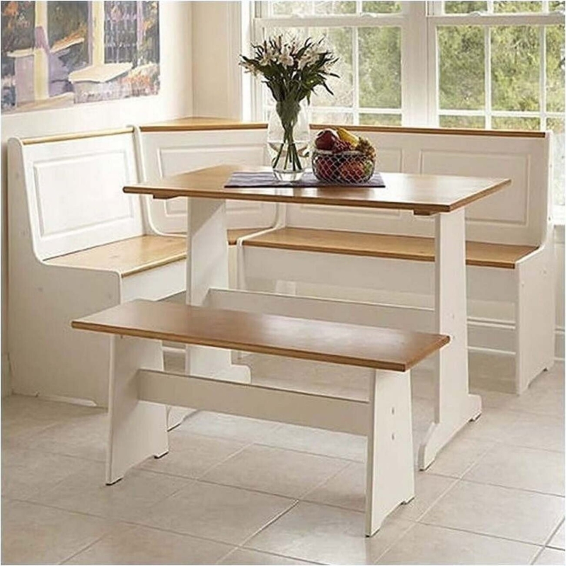 White Breakfast Nook Set with Honey Pine Trestle Table