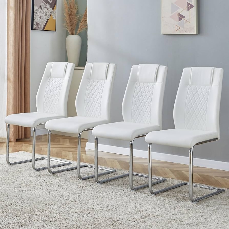 White Cantilever Dining Chairs Diamond Quilted Chrome Base Modern