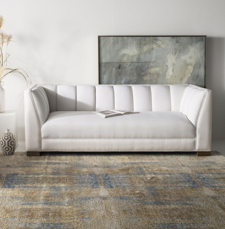 White Channeled Sofa Linen Blend Contemporary Living Room