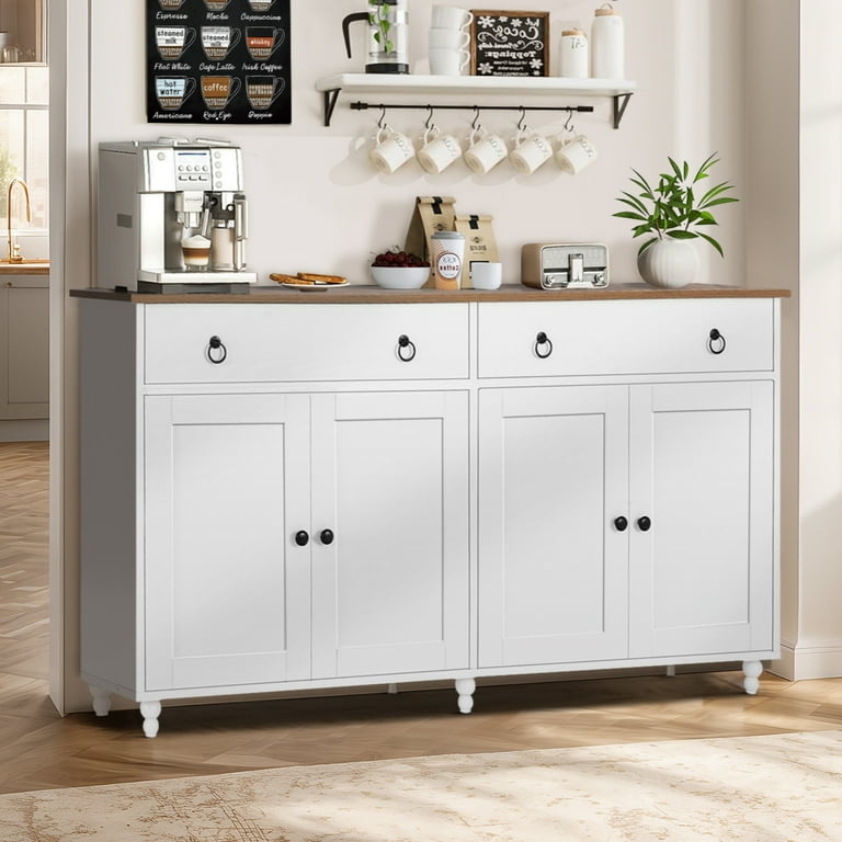 White Coffee Bar Cabinet with Wood Top & Ring Pulls