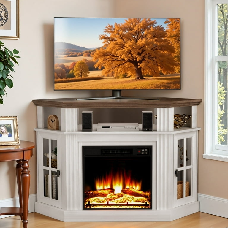 White Corner Fireplace TV Stand Media Console with Glass Doors