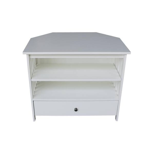 White Corner Media Console Mission Slats Open Shelving Storage Drawer