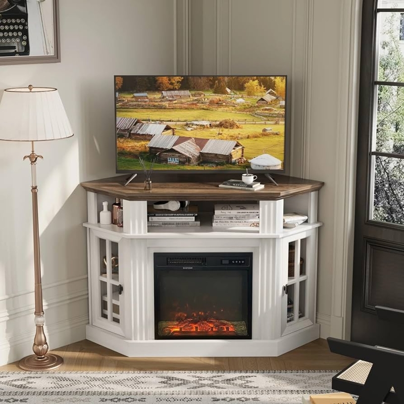 White Corner TV Stand Electric Fireplace Glass Doors Traditional
