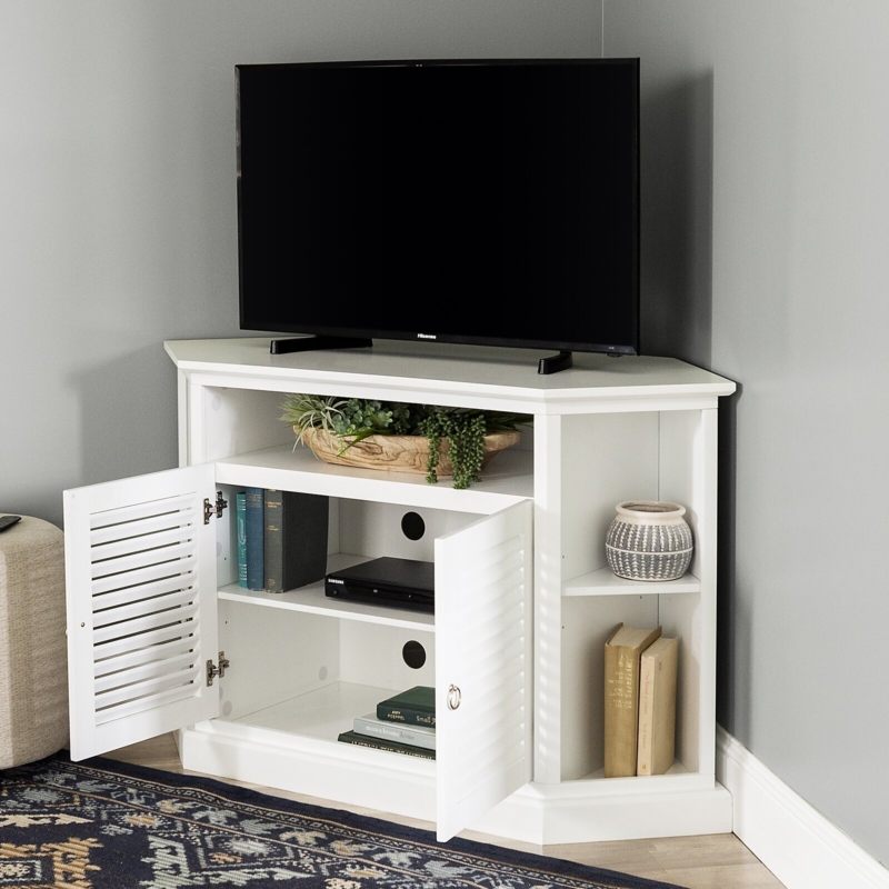 White Corner TV Stand Louvered Doors With Side Shelves Coastal Farmhouse