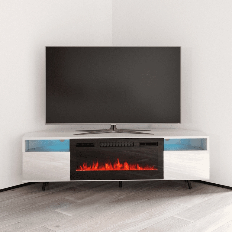 White Corner Tv Stand with Electric Fireplace and Blue LED Accents.