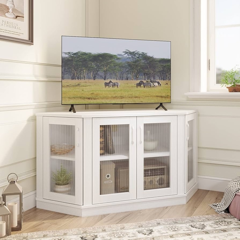 White Corner TV Stand with Reeded Glass Doors and Four-Door Storage