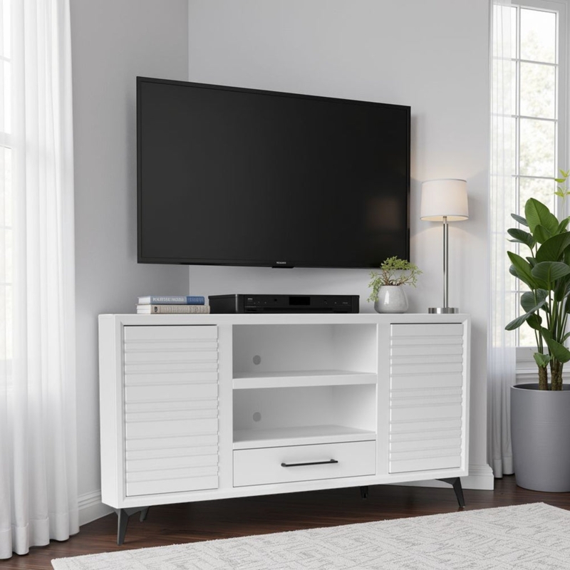 White Corner TV Stand with Slatted Doors and Tapered Legs