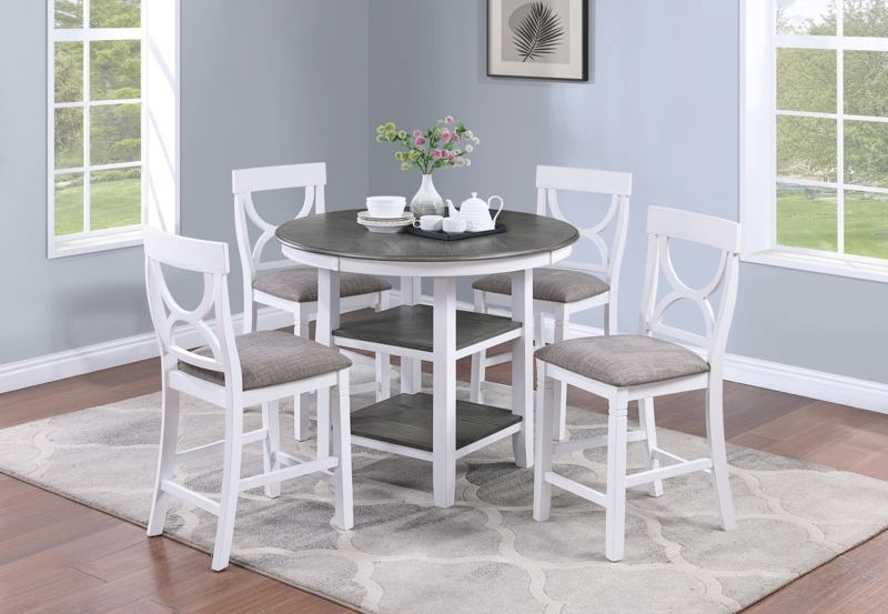 White Counter Height Dining Set, Gray Top, X-Back Chairs, Storage Shelves.