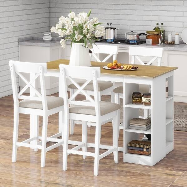White Counter Height Dining Set with 3-Tier Storage Shelves