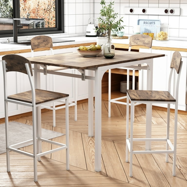 White Counter Height Dining Set with Wood Toned Drop Leaf Table