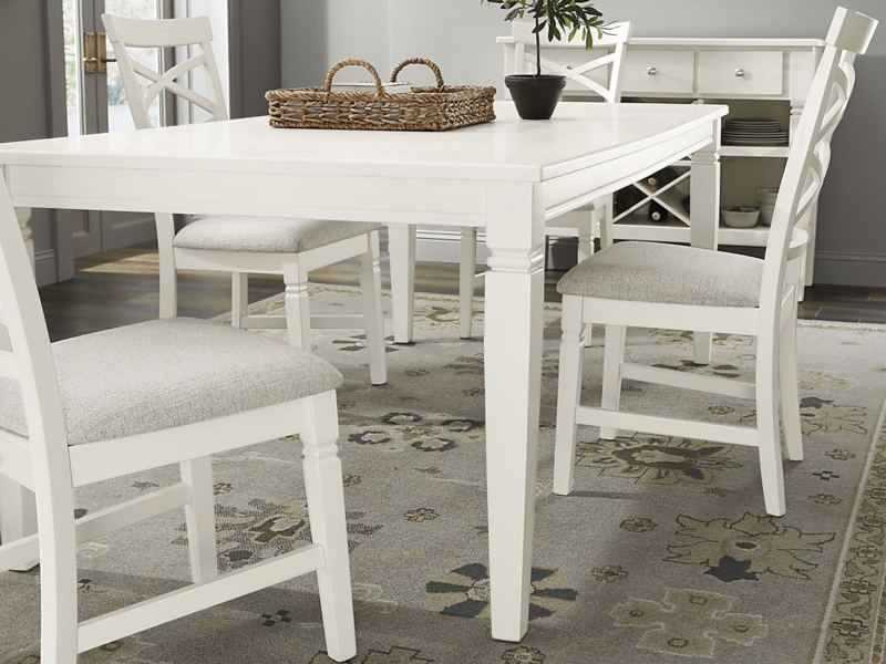 White Dining Set featuring Tapered Legs and Beige Upholstered Chairs