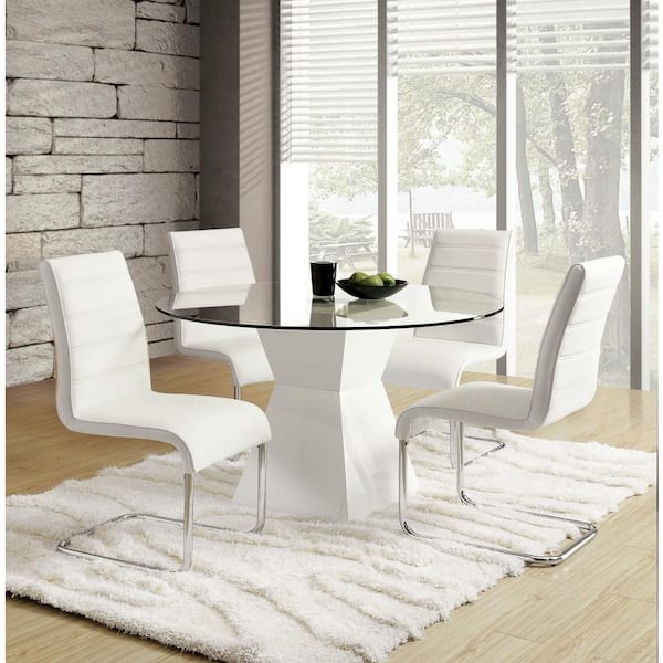 White Dining Table: Faceted Pedestal Base, Cantilever Chairs