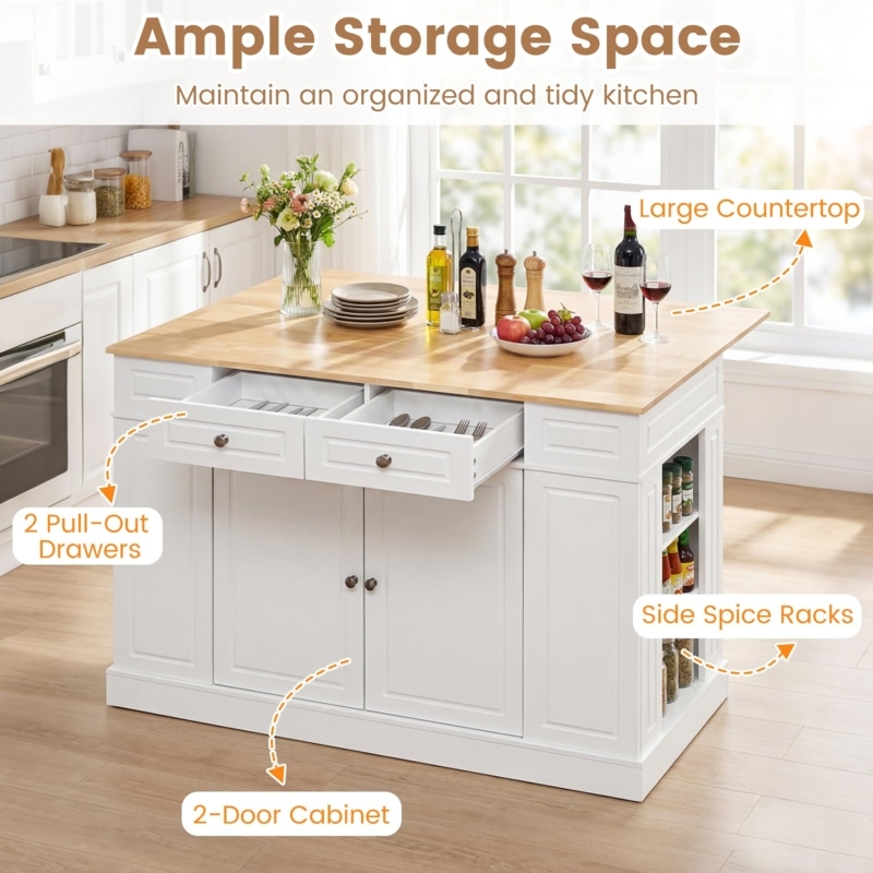 White Drop Leaf Kitchen Island Two-Door Cabinet Butcher Block Top