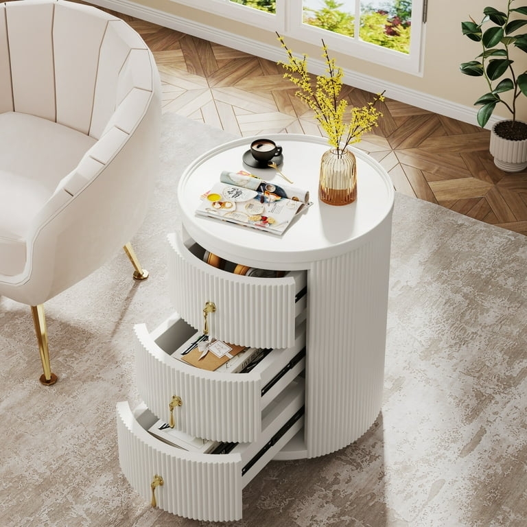 White End Table Fluted Exterior Three Drawers Gold Hardware