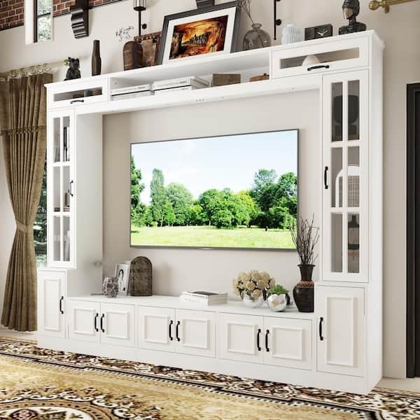 White Entertainment Center 4-Piece Set with Glass Towers